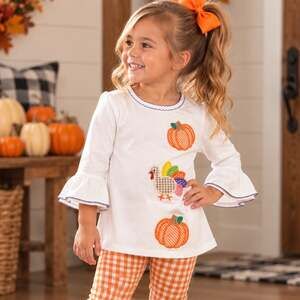 Whimsy Thanksgiving Pumpkin Embroidered Top Girls Size 5